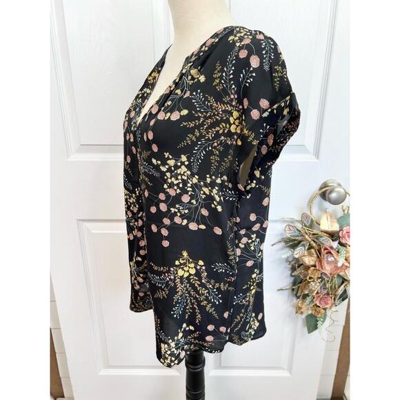 Philosophy Womens Black Floral V-Neck Cuffed Short Sleeve Blouse Bohemian Size S - Picture 7 of 11